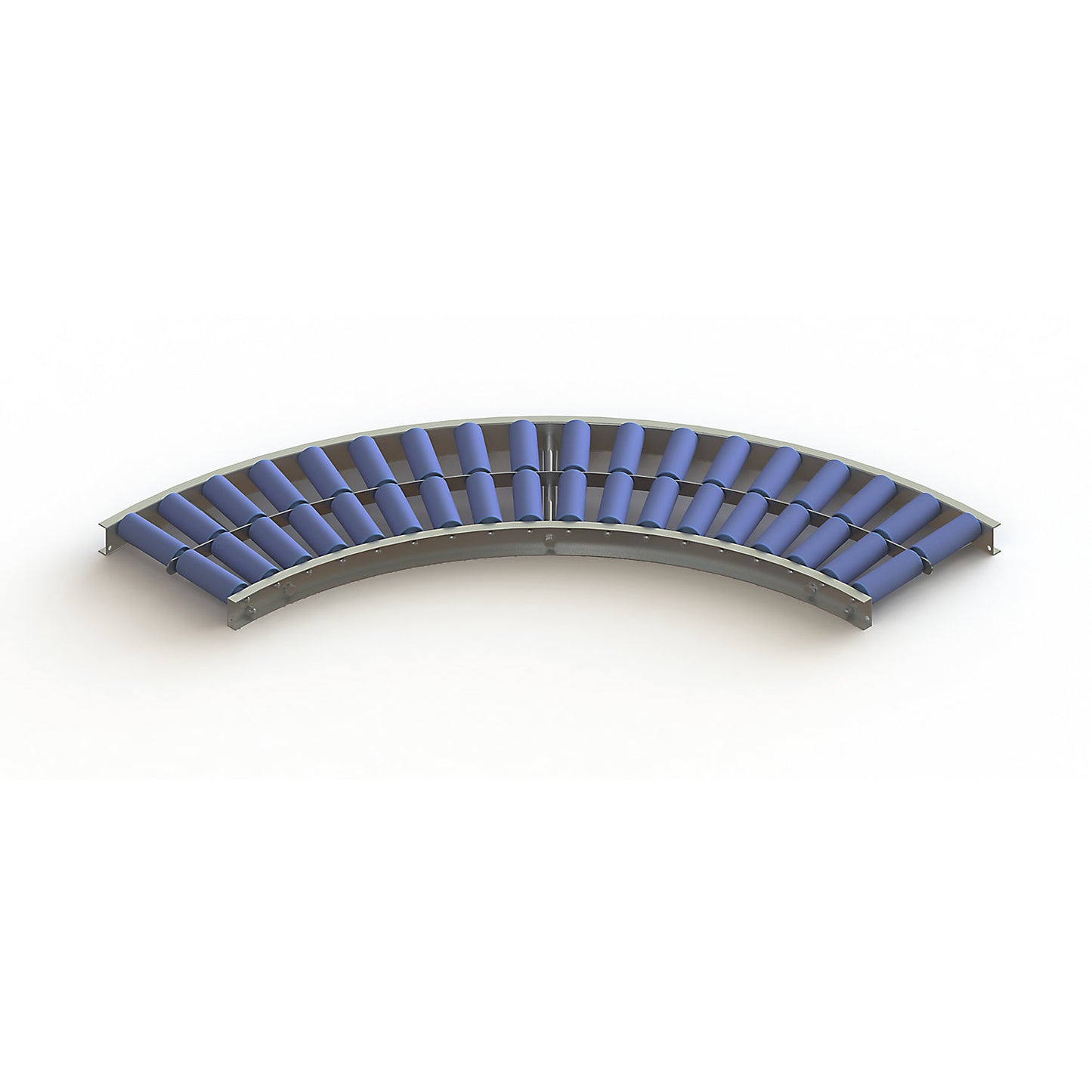 Light duty roller conveyor, steel frame with plastic rollers, track width 300 mm, 90° curve, inner radius 800 mm, axle spacing 100 mm.