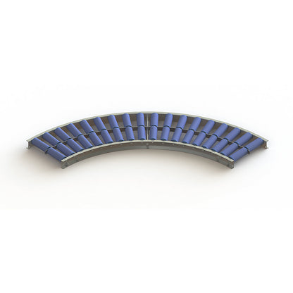 Light duty roller conveyor, steel frame with plastic rollers, track width 300 mm, 90° curve, inner radius 800 mm, axle spacing 100 mm.