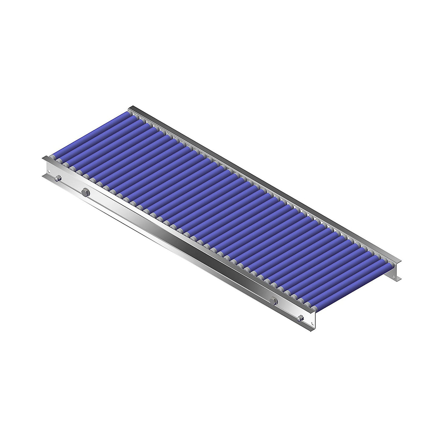 Small roller conveyor, aluminium frame with plastic rollers, track width 300 mm, axle spacing 25 mm, length 1 m.