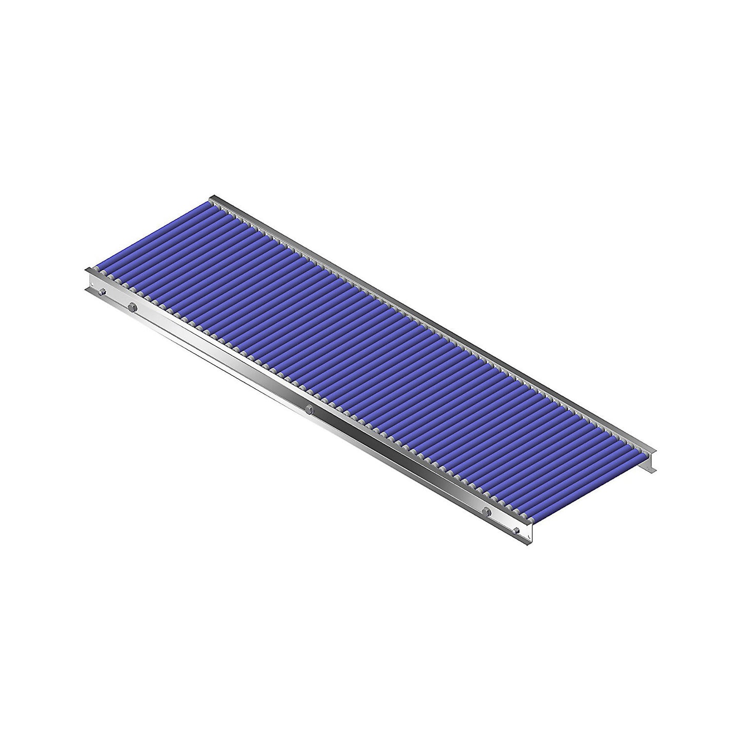 Small roller conveyor, aluminium frame with plastic rollers, track width 400 mm, axle spacing 25 mm, length 1.5 m.
