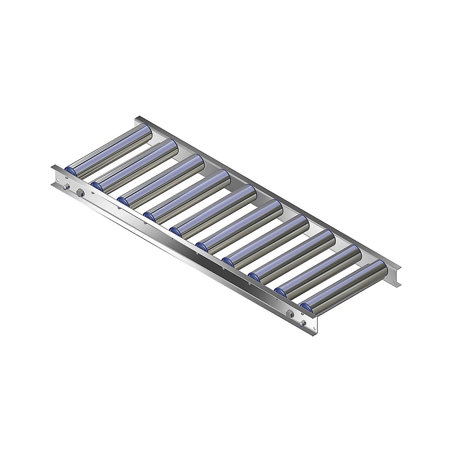 Light duty roller conveyor, aluminium frame with aluminium rollers, track width 300 mm, axle spacing 100 mm, length 1 m.