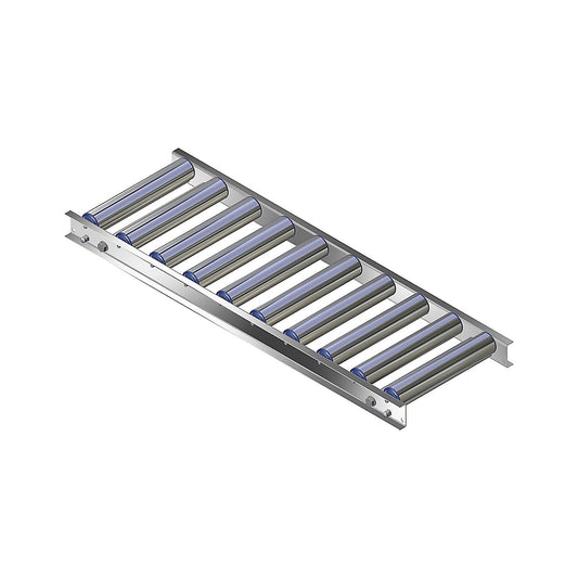 Light duty roller conveyor, aluminium frame with aluminium rollers, track width 300 mm, axle spacing 100 mm, length 1 m.