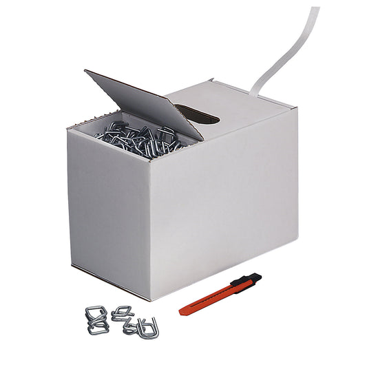 Strapping set, bonded reinforced PET strapping, strapping in dispenser box, metal buckles, packing knife, strap width 13 mm.