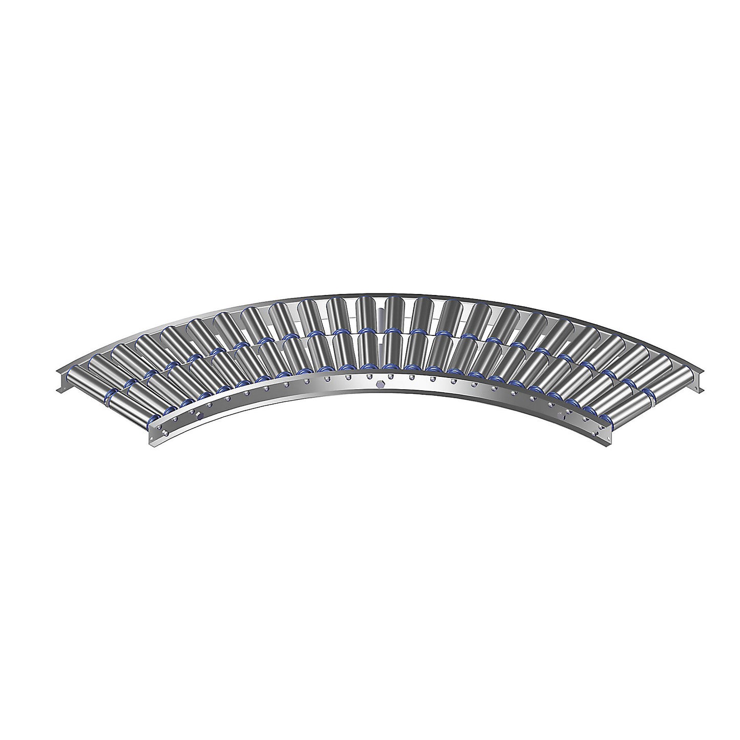 Light duty roller conveyor, aluminium frame with aluminium rollers, track width 300 mm, 90° curve, inner radius 800 mm, axle spacing 75 mm.