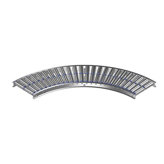 Light duty roller conveyor, aluminium frame with aluminium rollers, track width 300 mm, 90° curve, inner radius 800 mm, axle spacing 75 mm.