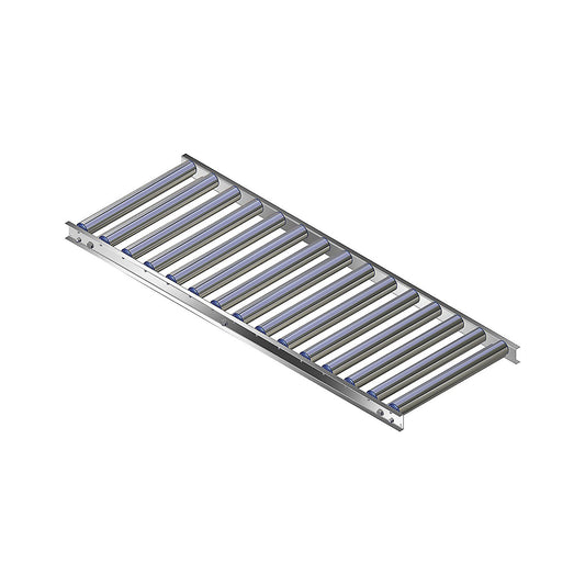 Light duty roller conveyor, aluminium frame with aluminium rollers, track width 500 mm, axle spacing 100 mm, length 1.5 m.