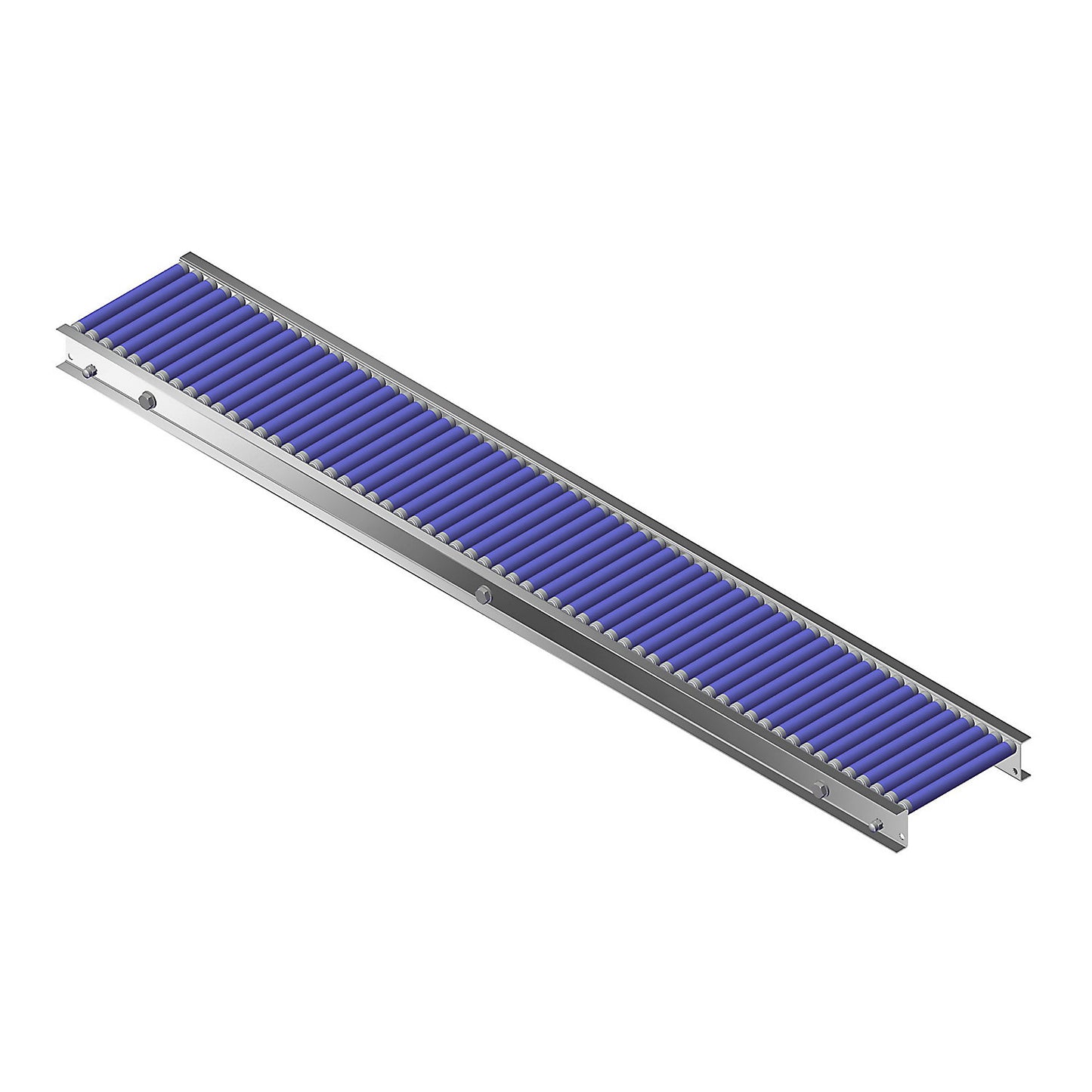 Small roller conveyor, aluminium frame with plastic rollers, track width 200 mm, axle spacing 25 mm, length 1.5 m.