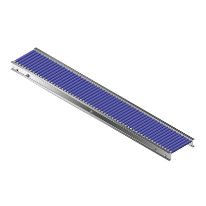 Small roller conveyor, aluminium frame with plastic rollers, track width 200 mm, axle spacing 25 mm, length 1.5 m.