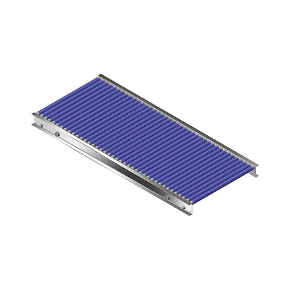Small roller conveyor, aluminium frame with plastic rollers, track width 400 mm, axle spacing 25 mm, length 1 m.