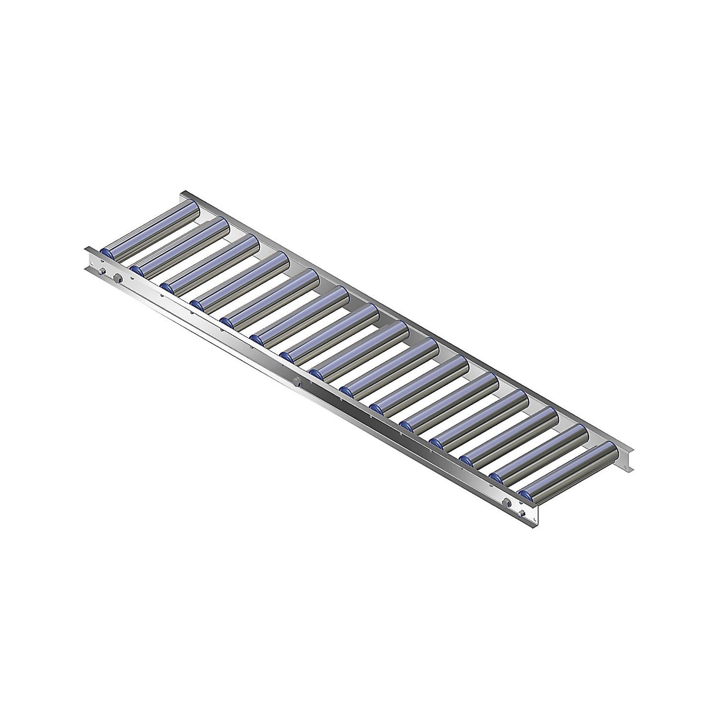 Light duty roller conveyor, aluminium frame with aluminium rollers, track width 300 mm, axle spacing 100 mm, length 1.5 m.