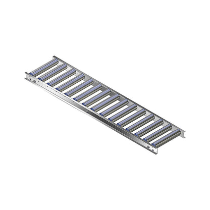 Light duty roller conveyor, aluminium frame with aluminium rollers, track width 300 mm, axle spacing 100 mm, length 1.5 m.