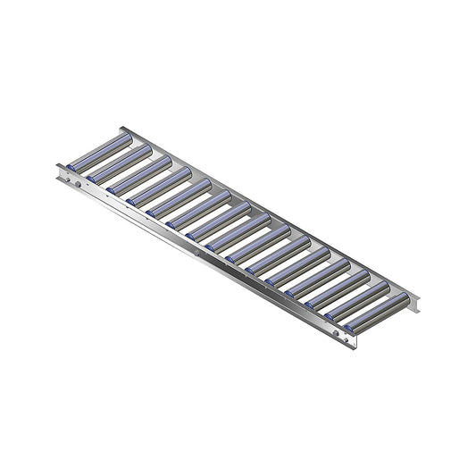 Light duty roller conveyor, aluminium frame with aluminium rollers, track width 300 mm, axle spacing 100 mm, length 1.5 m.