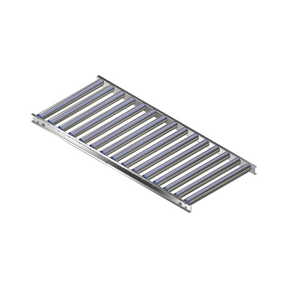 Light duty roller conveyor, aluminium frame with aluminium rollers, track width 600 mm, axle spacing 100 mm, length 1.5 m.