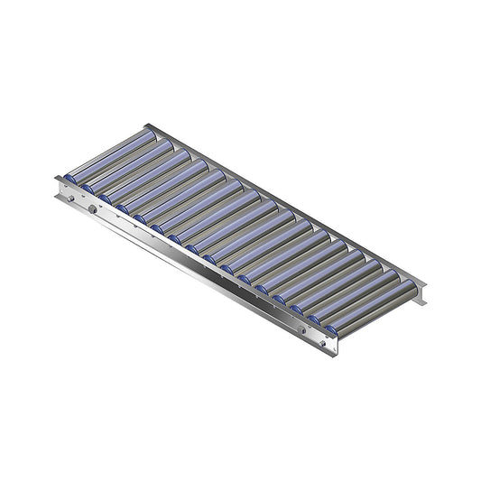 Light duty roller conveyor, aluminium frame with aluminium rollers, track width 300 mm, axle spacing 62.5 mm, length 1 m.
