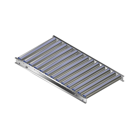 Light duty roller conveyor, aluminium frame with aluminium rollers, track width 500 mm, axle spacing 75 mm, length 1 m.