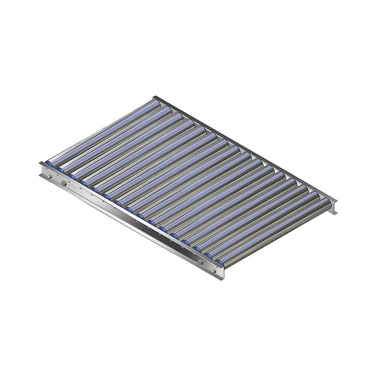 Light duty roller conveyor, aluminium frame with aluminium rollers, track width 600 mm, axle spacing 62.5 mm, length 1 m.