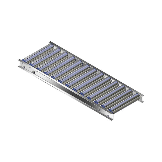 Light duty roller conveyor, aluminium frame with aluminium rollers, track width 300 mm, axle spacing 75 mm, length 1 m.