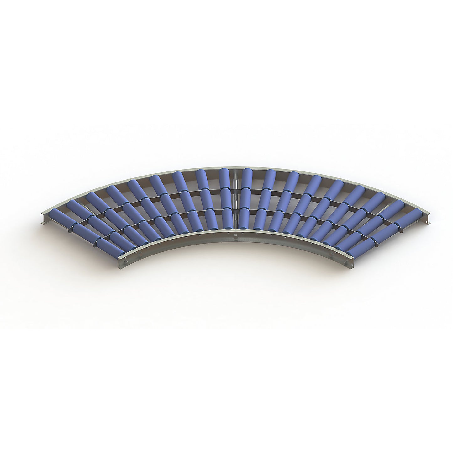 Light duty roller conveyor, steel frame with plastic rollers, track width 500 mm, 90° curve, inner radius 800 mm, axle spacing 100 mm.