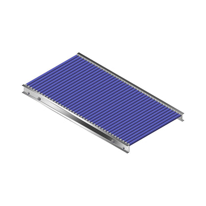 Small roller conveyor, aluminium frame with plastic rollers, track width 500 mm, axle spacing 25 mm, length 1 m.