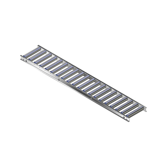 Light duty roller conveyor, aluminium frame with aluminium rollers, track width 300 mm, axle spacing 75 mm, length 1.5 m.
