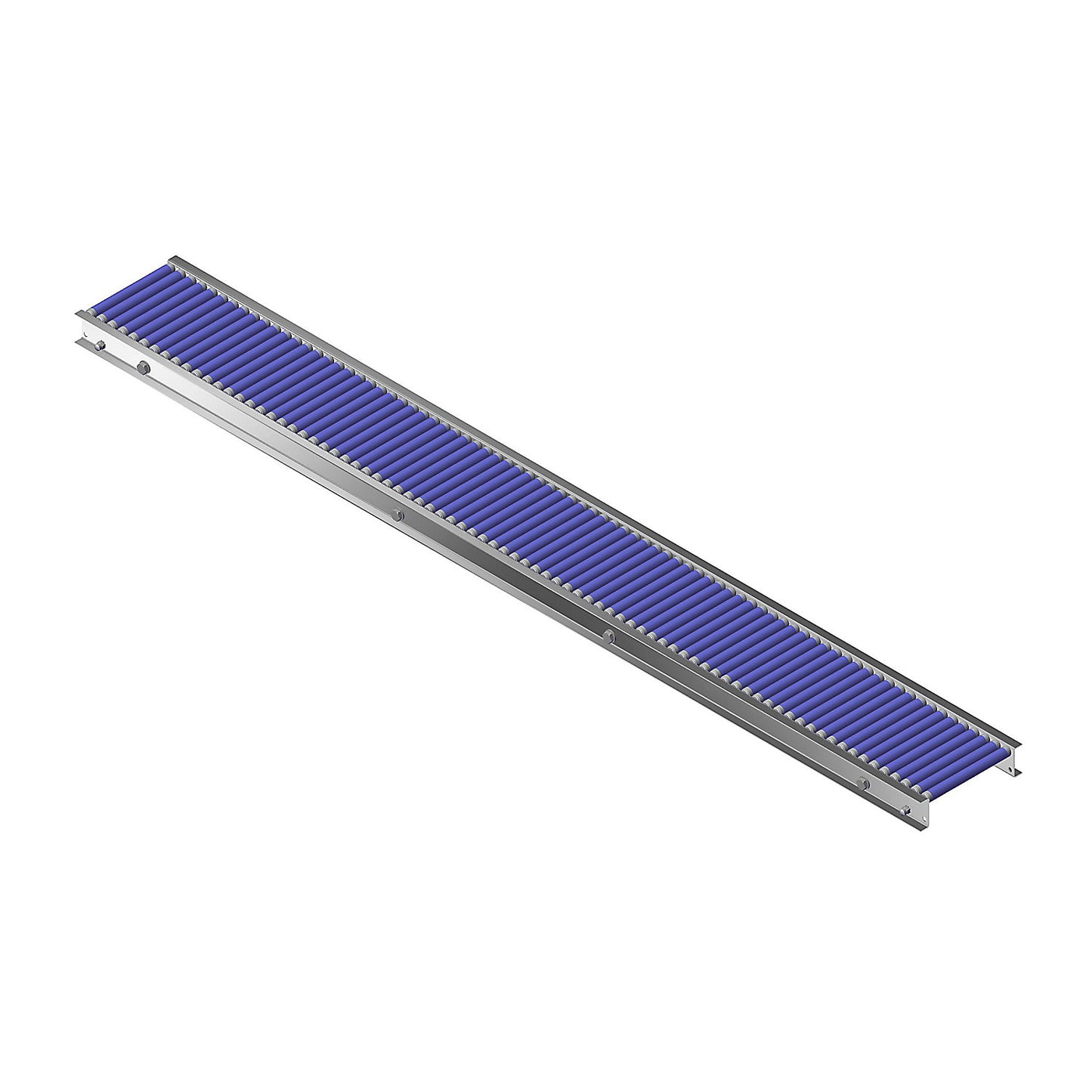 Small roller conveyor, aluminium frame with plastic rollers, track width 200 mm, axle spacing 25 mm, length 2.0 m.