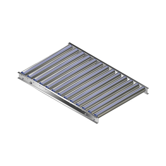 Light duty roller conveyor, aluminium frame with aluminium rollers, track width 600 mm, axle spacing 75 mm, length 1 m.