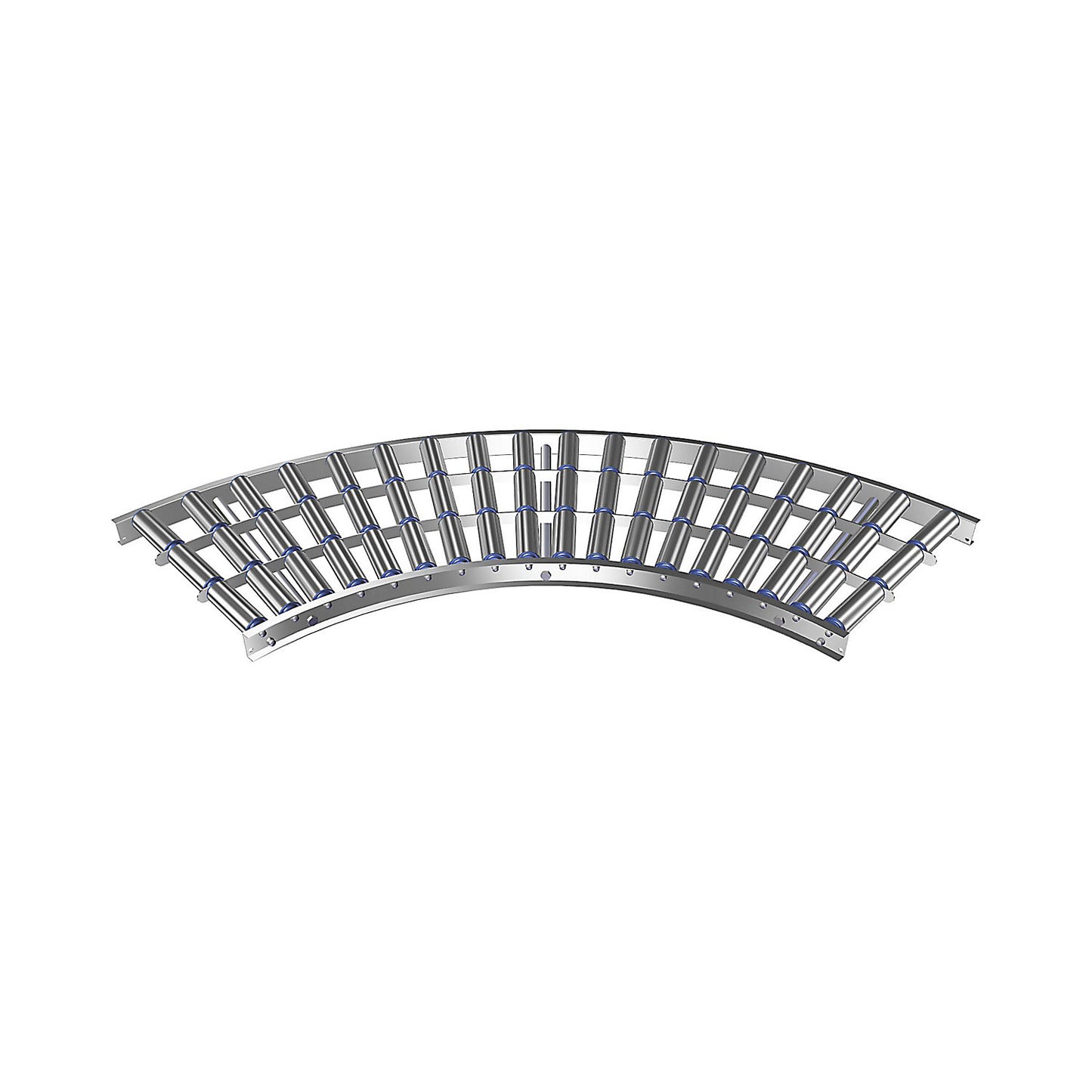 Light duty roller conveyor, aluminium frame with aluminium rollers, track width 500 mm, 90° curve, inner radius 800 mm, axle spacing 100 mm.