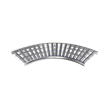Light duty roller conveyor, aluminium frame with aluminium rollers, track width 500 mm, 90° curve, inner radius 800 mm, axle spacing 100 mm.