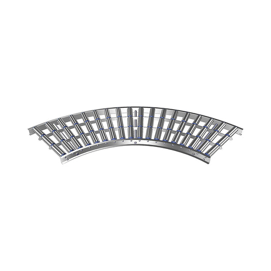 Light duty roller conveyor, aluminium frame with aluminium rollers, track width 500 mm, 90° curve, inner radius 800 mm, axle spacing 100 mm.