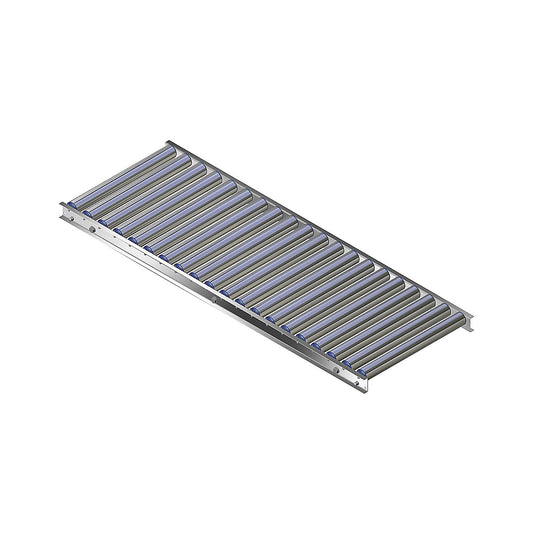 Light duty roller conveyor, aluminium frame with aluminium rollers, track width 500 mm, axle spacing 75 mm, length 1.5 m.