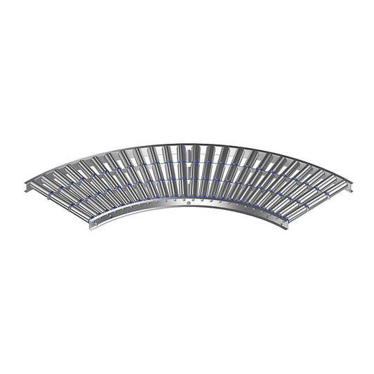 Light duty roller conveyor, aluminium frame with aluminium rollers, track width 500 mm, 90° curve, inner radius 800 mm, axle spacing 75 mm.