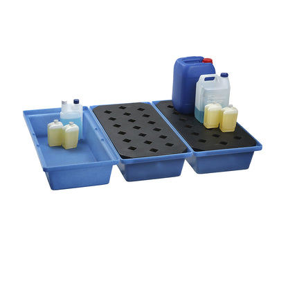 PE small container and pallet tray, LxWxH 800 x 400 x 170 mm, sump capacity 30 l, with PE grate.