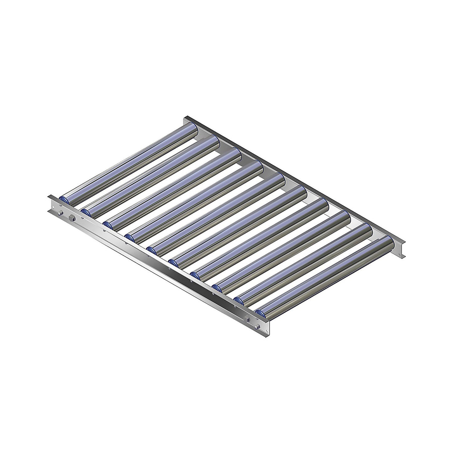Light duty roller conveyor, aluminium frame with aluminium rollers, track width 600 mm, axle spacing 100 mm, length 1 m.