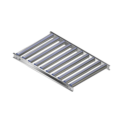 Light duty roller conveyor, aluminium frame with aluminium rollers, track width 600 mm, axle spacing 100 mm, length 1 m.