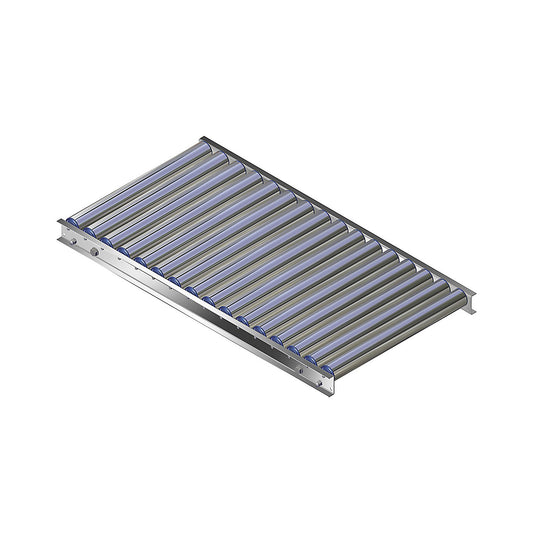 Light duty roller conveyor, aluminium frame with aluminium rollers, track width 500 mm, axle spacing 62.5 mm, length 1 m.