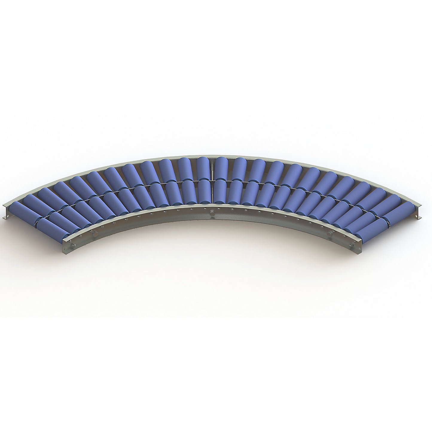 Light duty roller conveyor, steel frame with plastic rollers, track width 300 mm, 90° curve, inner radius 800 mm, axle spacing 75 mm.