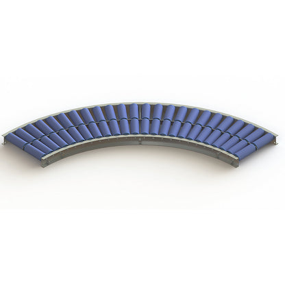 Light duty roller conveyor, steel frame with plastic rollers, track width 300 mm, 90° curve, inner radius 800 mm, axle spacing 75 mm.