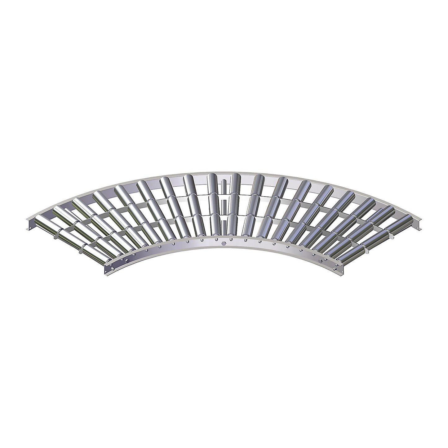 Light duty roller conveyor, steel frame with zinc plated steel rollers, track width 500 mm, 90° curve, inner radius 800 mm, axle spacing 100 mm.