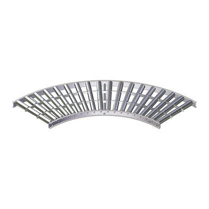 Light duty roller conveyor, steel frame with zinc plated steel rollers, track width 500 mm, 90° curve, inner radius 800 mm, axle spacing 100 mm.