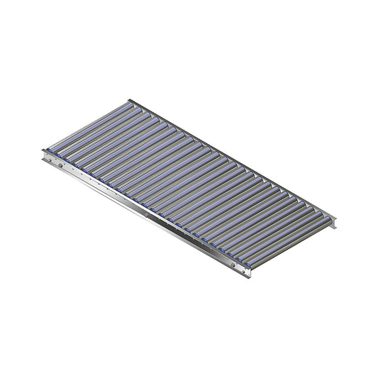Light duty roller conveyor, aluminium frame with aluminium rollers, track width 600 mm, axle spacing 62.5 mm, length 1.5 m.