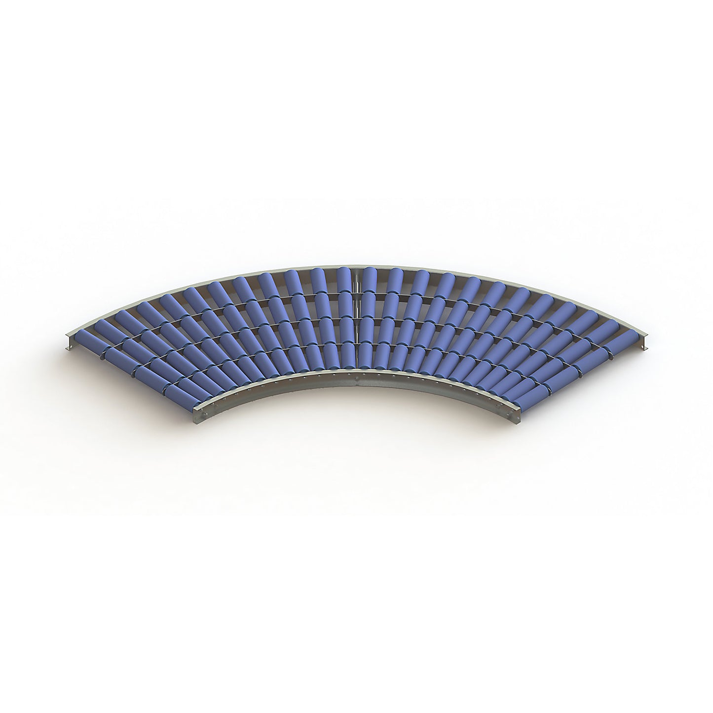 Light duty roller conveyor, steel frame with plastic rollers, track width 600 mm, 90° curve, inner radius 800 mm, axle spacing 75 mm.