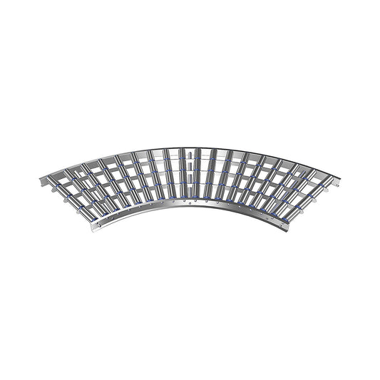 Light duty roller conveyor, aluminium frame with aluminium rollers, track width 600 mm, 90° curve, inner radius 800 mm, axle spacing 100 mm.