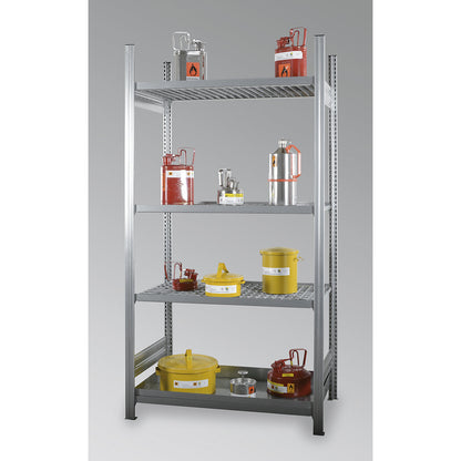 Hazardous substance shelving for small containers for water-polluting and flammable substances, 3 mesh shelves, 1 tray shelf, standard shelf unit, shelf width 1300 mm.