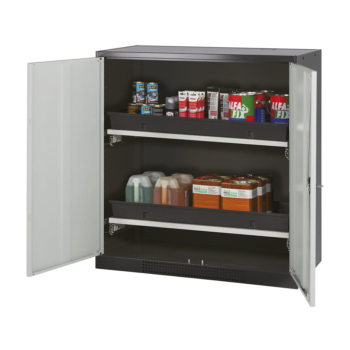 Laboratory chemical storage cupboard, 2 door, half height, 2 drawers, without vision panel, grey.