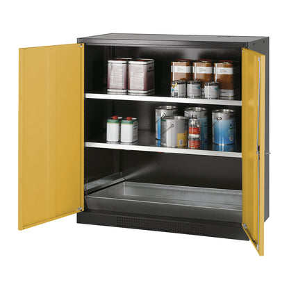 Laboratory chemical storage cupboard, 2 door, half height, 2 shelves, without vision panel, yellow.