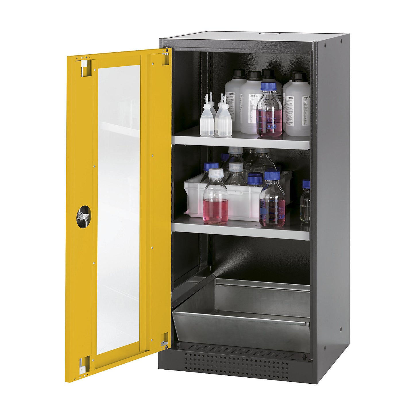 Laboratory chemical storage cupboard, 1 door, half height, 2 shelves, with vision panel, yellow.