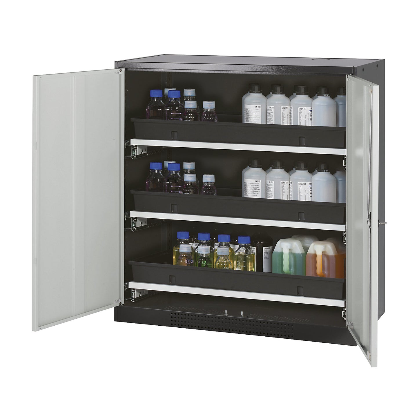 Laboratory chemical storage cupboard, 2 door, half height, 3 drawers, without vision panel, grey.