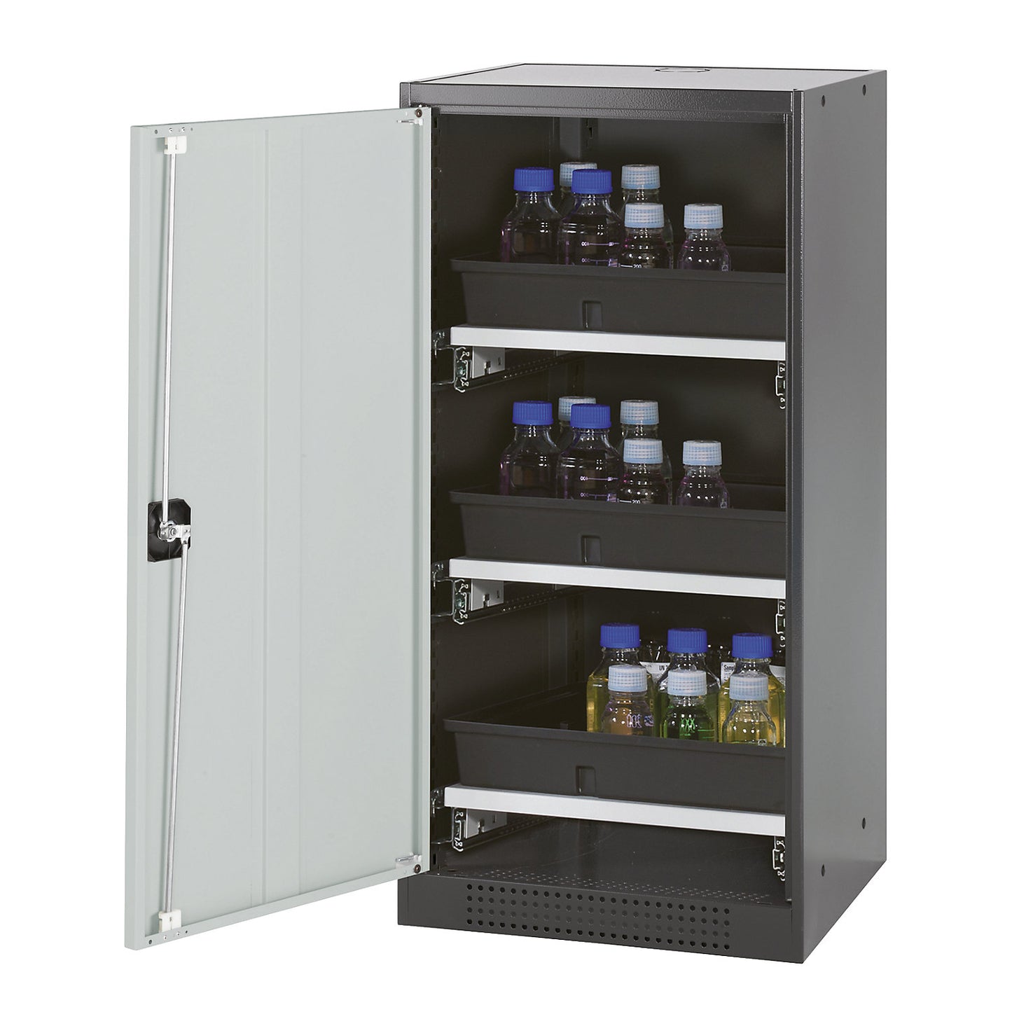 Laboratory chemical storage cupboard, 1 door, half height, 3 drawers, without vision panel, grey.