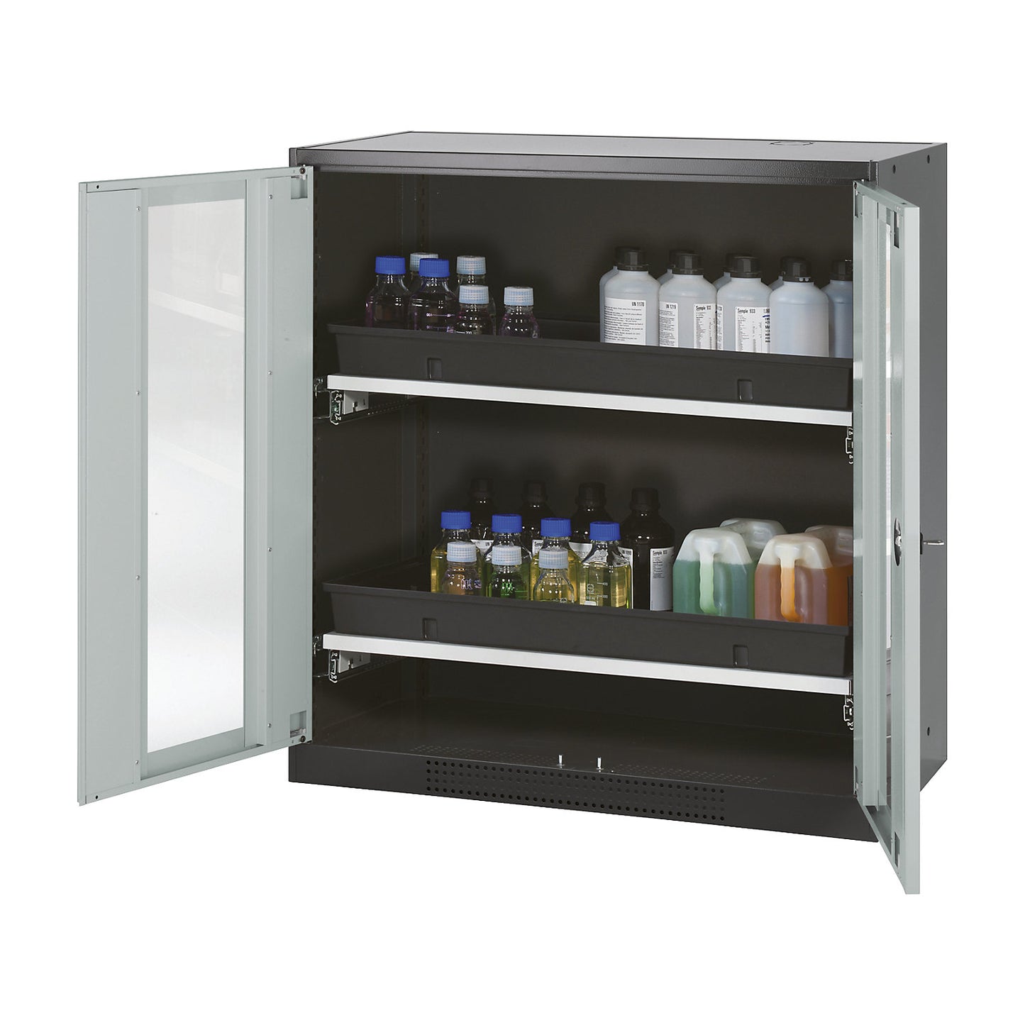 Laboratory chemical storage cupboard, 2 door, half height, 2 drawers, with vision panel, grey.