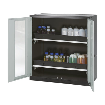 Laboratory chemical storage cupboard, 2 door, half height, 2 drawers, with vision panel, grey.